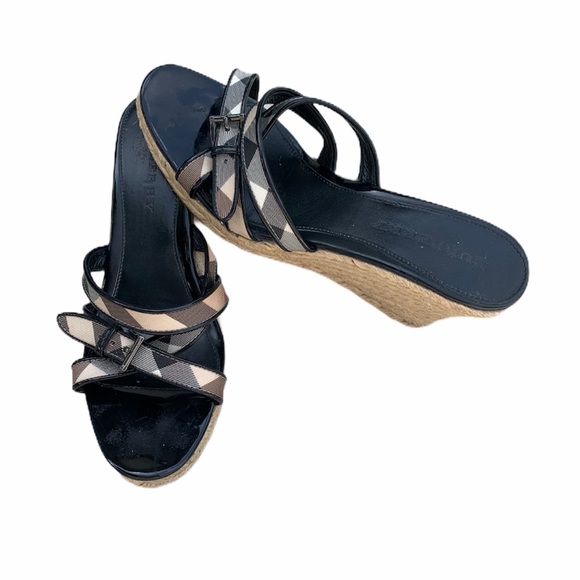 BURBERRY: Black Leather Wedge Sandals - Picture 1 of 11